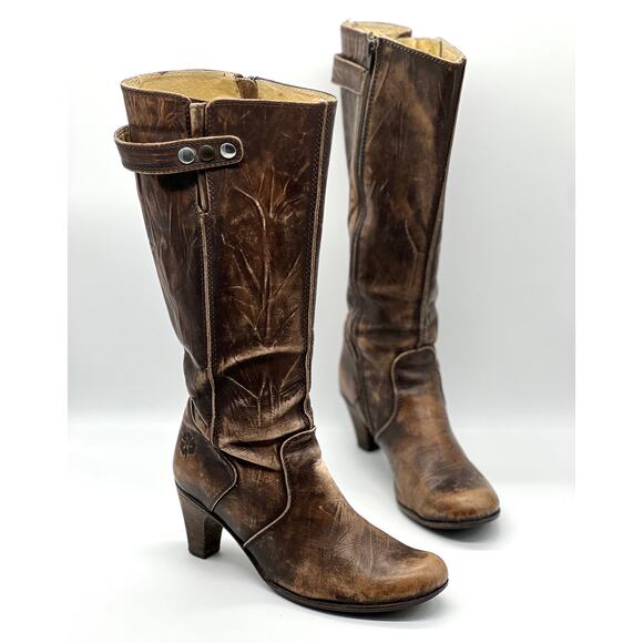 U Roads Shoes - U ROADS Heeled Boots Womens 8 Brown Distressed Leather Knee High Round Toe
